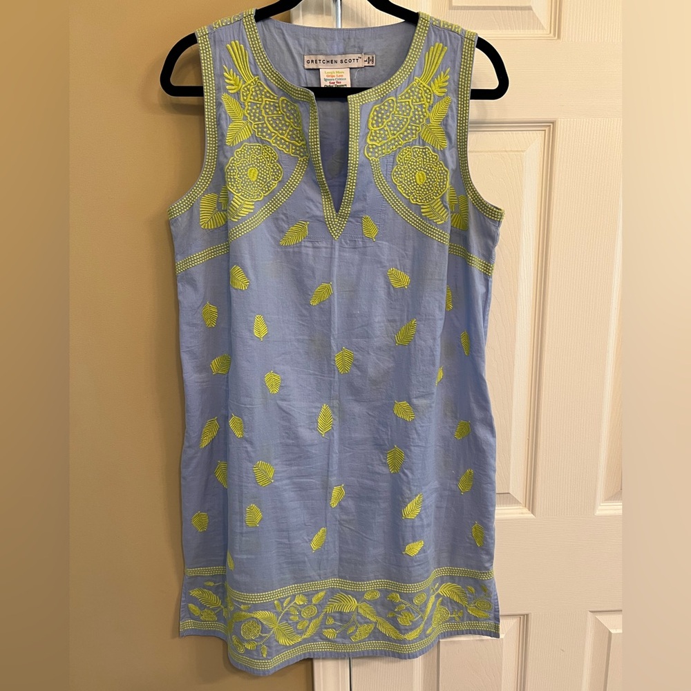 Gretchen Scott Designs Light Blue Dress w/Lime Embroidery, Good used condition